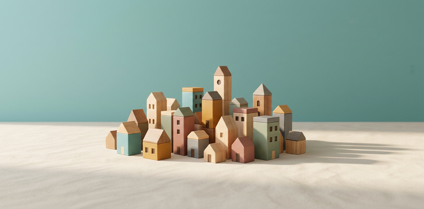Illustration générée : un petit quartier de maisons en bois miniatures