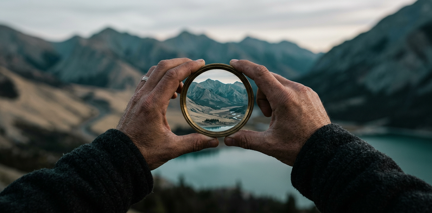 Illustration générée : deux mains tenant une loupe devant un paysage de montagne