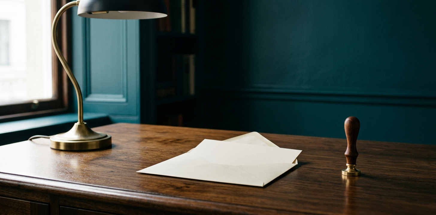 Illustration générée : une lettre et un cachet sur un bureau en bois